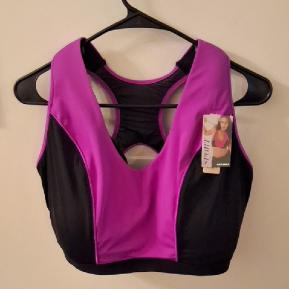 Cacique Black & Fuchsia Racerback Support Sports Bra